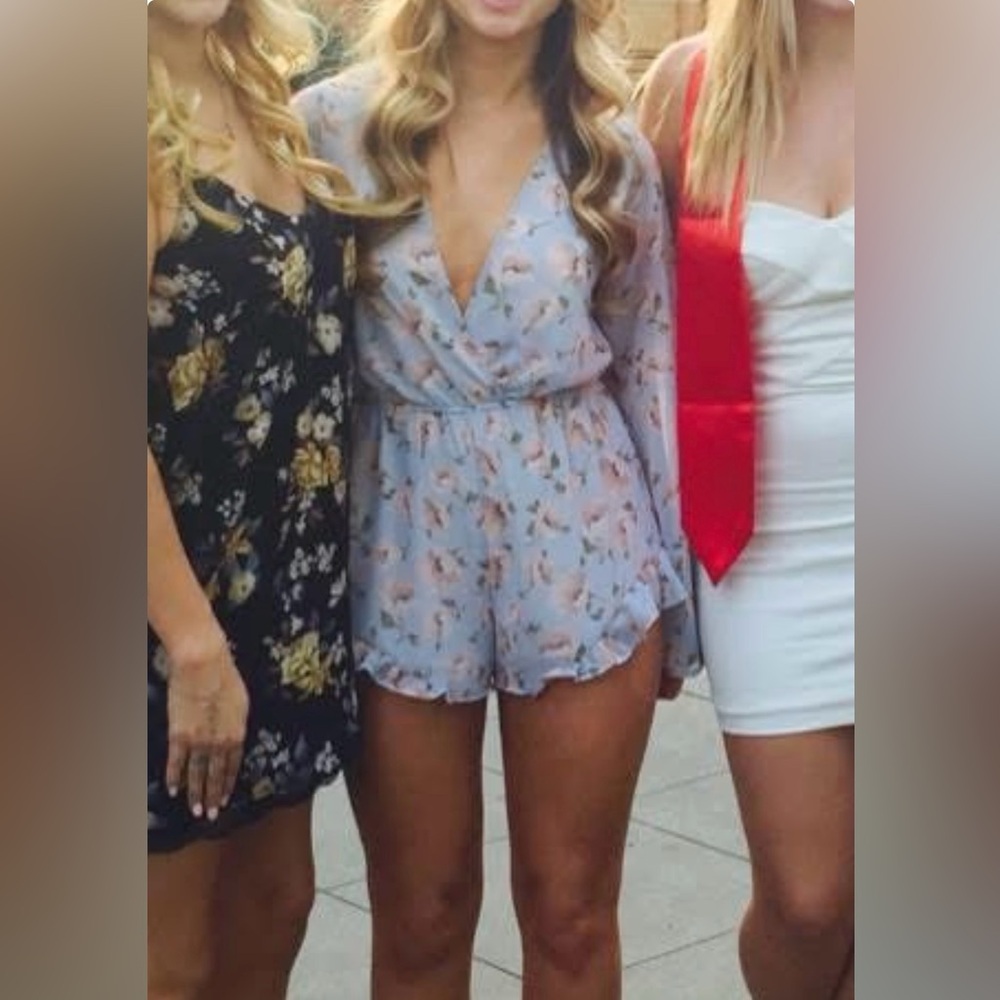Audrey Light Blue Floral Ruffle long sleeve Romper